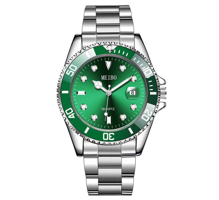 Trendy Fashion Magnifying Glass Calendar Men's Watch Steel Band Watch Green Ghost Men's Watch