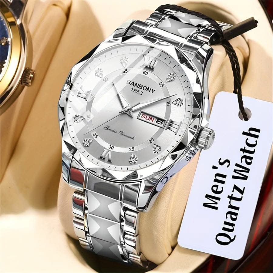 Men’s Stainless Steel Watch – Luminous Roman Numerals with Rhinestones