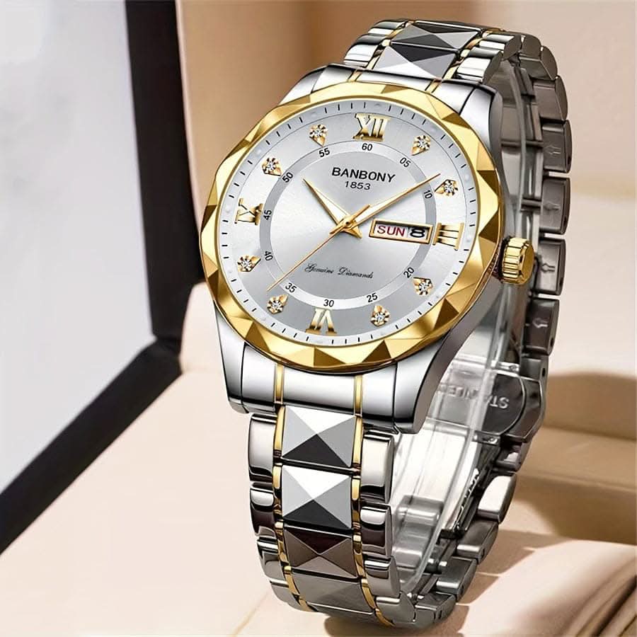 Men’s Stainless Steel Watch – Luminous Roman Numerals with Rhinestones