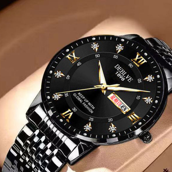 Men's solid band Double calendar Chinese and English luminous waterproof fashion fashion watch non-mechanical scanning needle watch