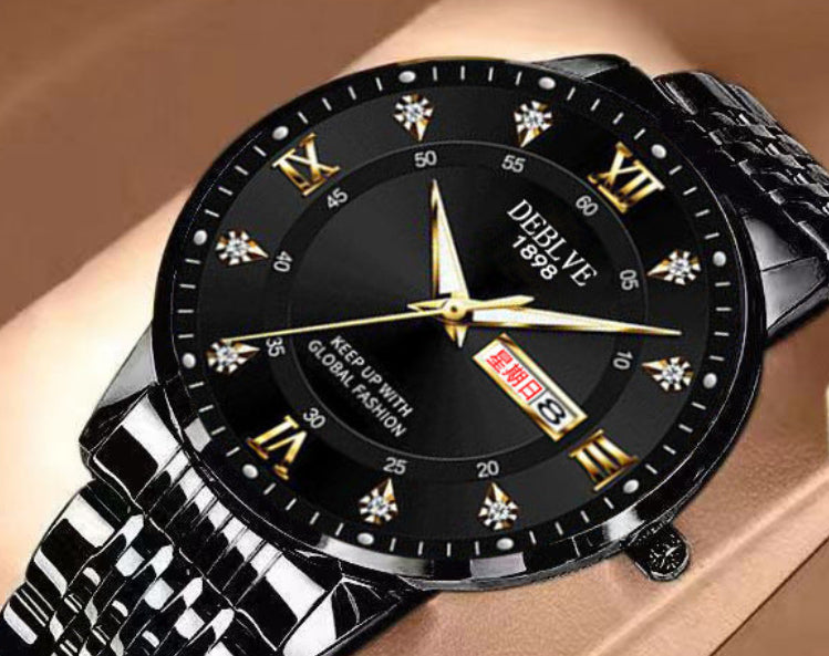 Men’s black dial watch with black solid stainless steel band, luminous display watch