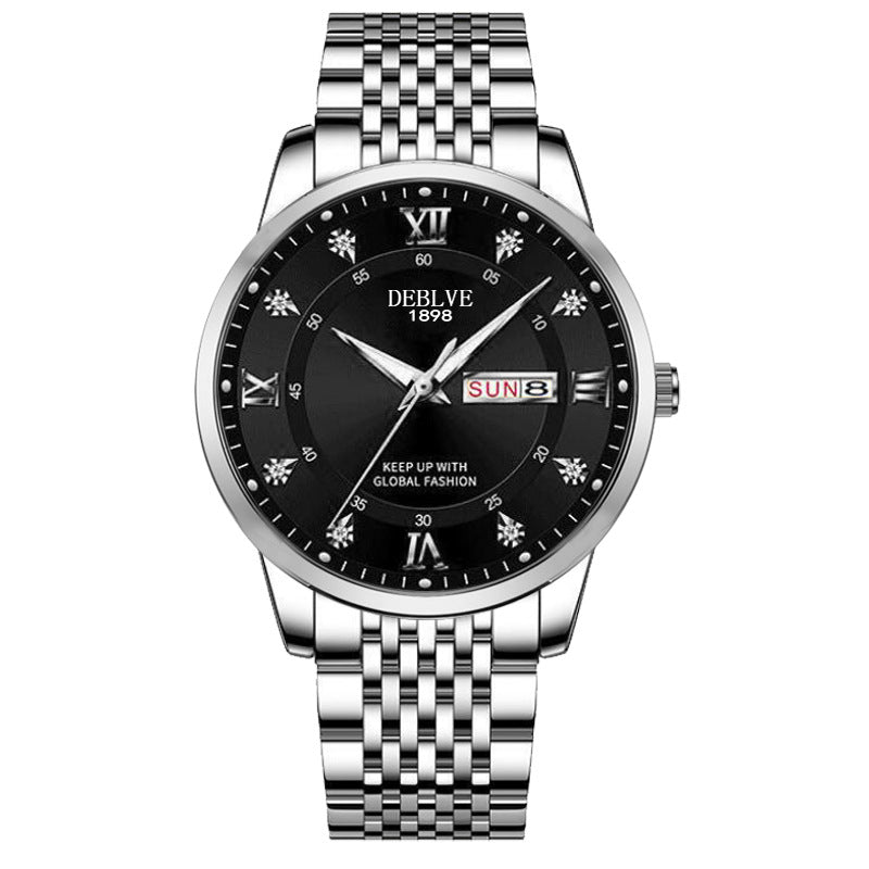 Men's solid black with silver band Double calendar Chinese and English luminous waterproof fashion fashion watch non-mechanical scanning needle watch