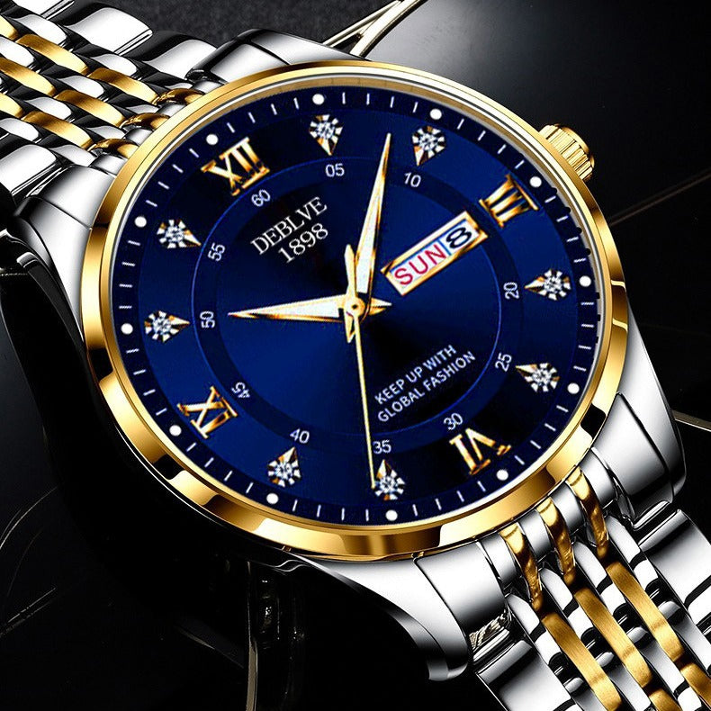 Stylish men’s blue watch with gold-silver metal band, luminous display