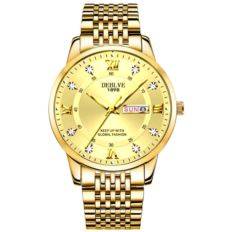 Men's solid gold band Double calendar Chinese and English luminous waterproof fashion fashion watch non-mechanical scanning needle watch