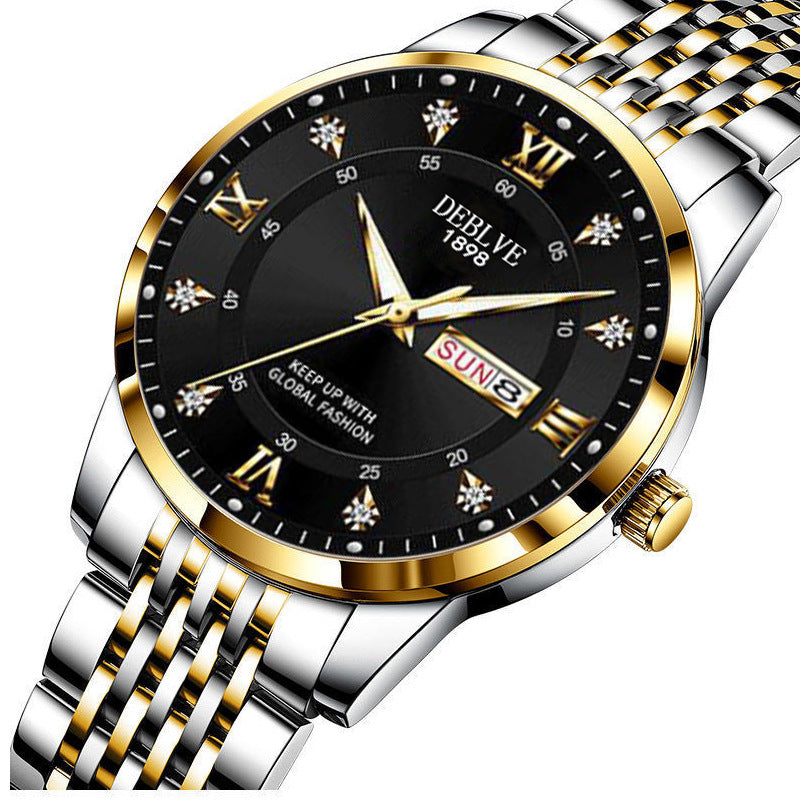 Men's solid band Double calendar Chinese and English luminous waterproof fashion fashion watch non-mechanical scanning needle watch, Men’s fashion black dial watch with gold and silver metal band