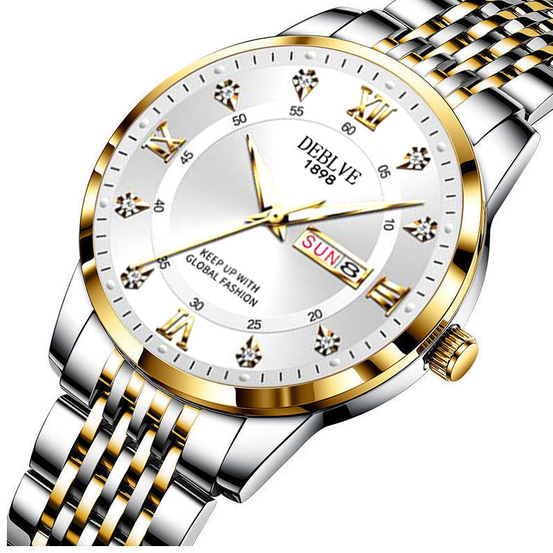 Gold and white men’s waterproof wristwatch with luminous dial and date display watch