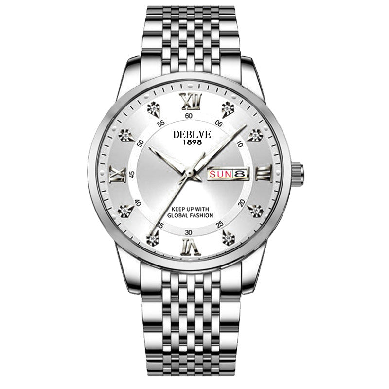 Men's solid white dial with silver band Double calendar Chinese and English luminous waterproof fashion fashion watch non-mechanical scanning needle watch