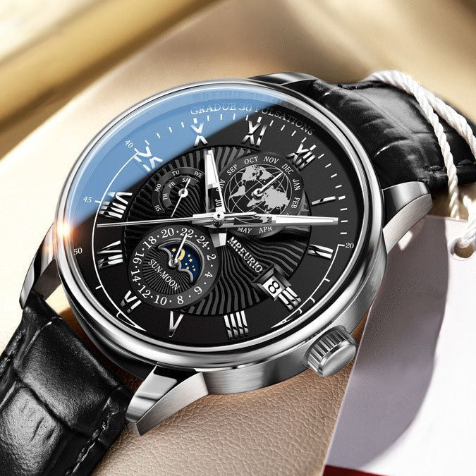 Foreign Trade New Products, Fashionable Hot-Selling Models, Calendar Three-Eye Starry Sky Moon Fashion Men's Watches, Men's Watch Belts 