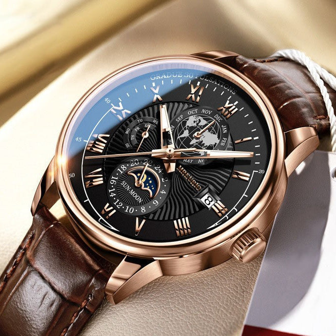 Foreign Trade New Products, Fashionable Hot-Selling Models, Calendar Three-Eye Starry Sky Moon Fashion Men's Watches, Men's Watch Belts, Hot-selling men’s calendar watch featuring three-eye sub-dials and starry sky moon design