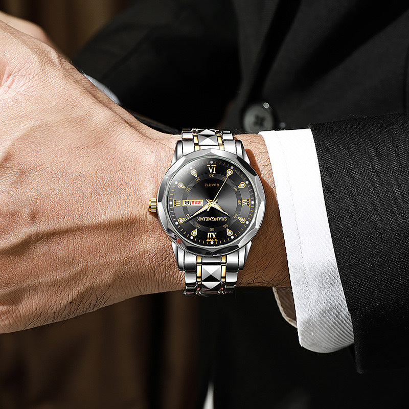 2026 new watch men's watch cross-border luminous waterproof double calendar steel band quartz men's watch