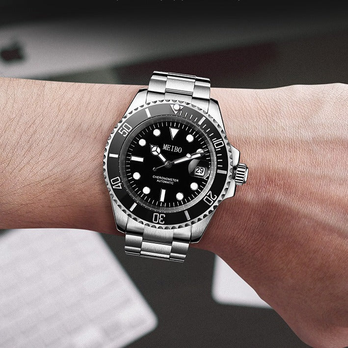 Trendy Fashion Magnifying Glass Calendar Men's Watch Steel Band Watch Green Ghost Men's Watch