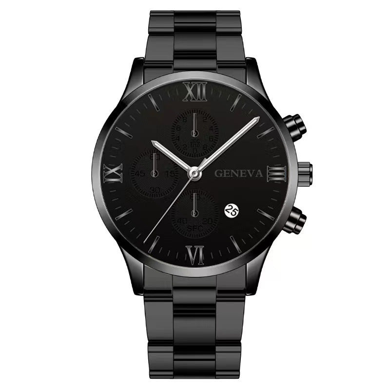 Popular Foreign Trade Men's Watch Fashion Three-Eye Calendar Roman Pattern Steel Strap Men's Watch Quartz Watch
