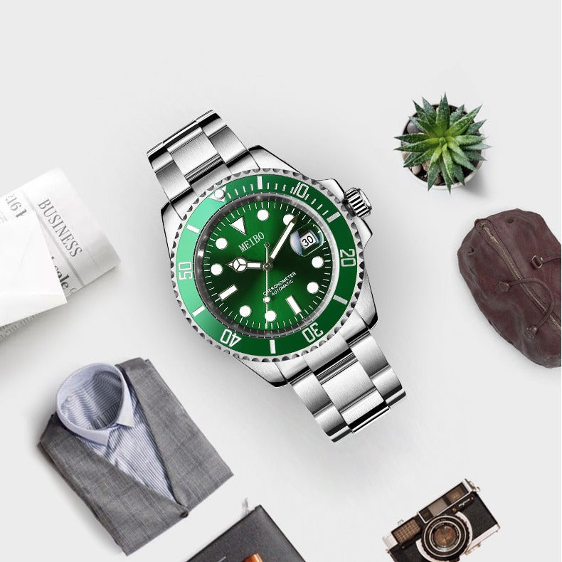Trendy Fashion Magnifying Glass Calendar Men's Watch Steel Band Watch Green Ghost Men's Watch