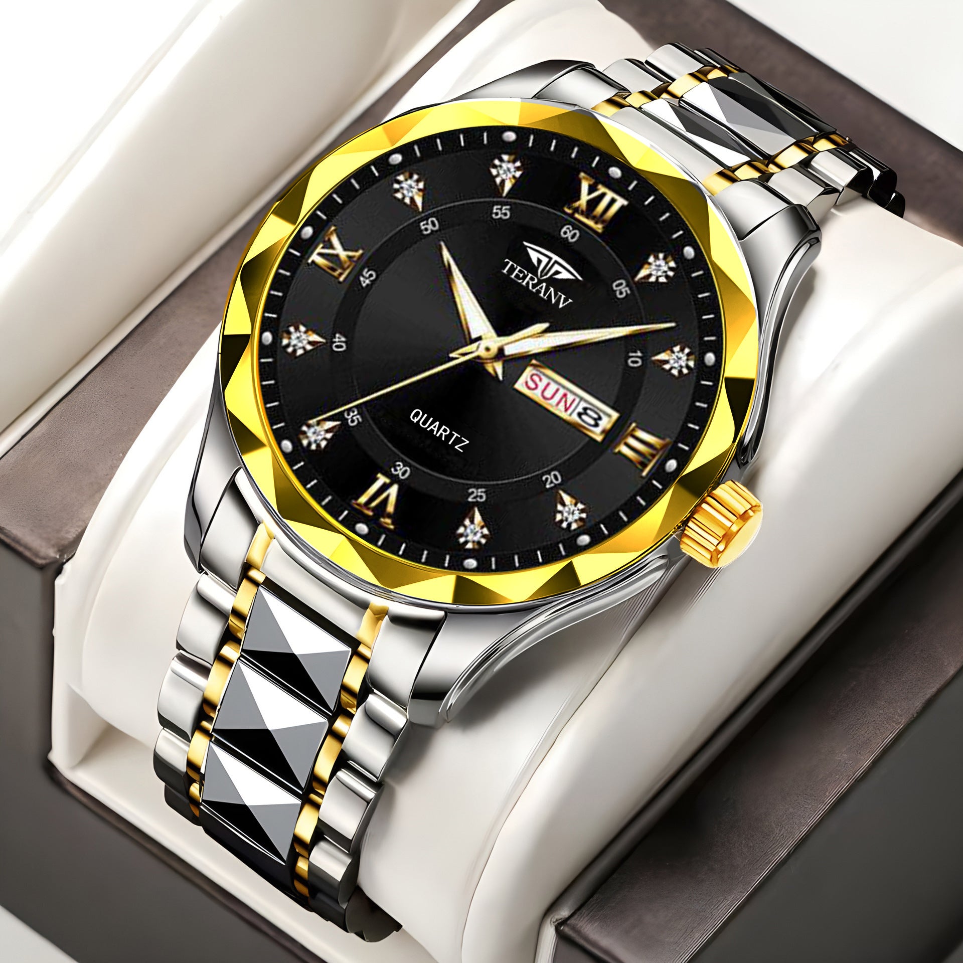 Watch Men's Chinese and English Calendar Diamond Case Luminous Waterproof Fashion Foreign Trade Simple in stock Quartz Watch Solid Belt