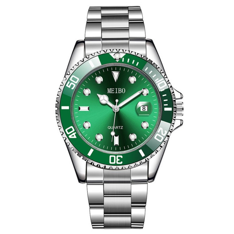 Trendy Fashion Magnifying Glass Calendar Men's Watch Steel Band Watch Green Ghost Men's Watch