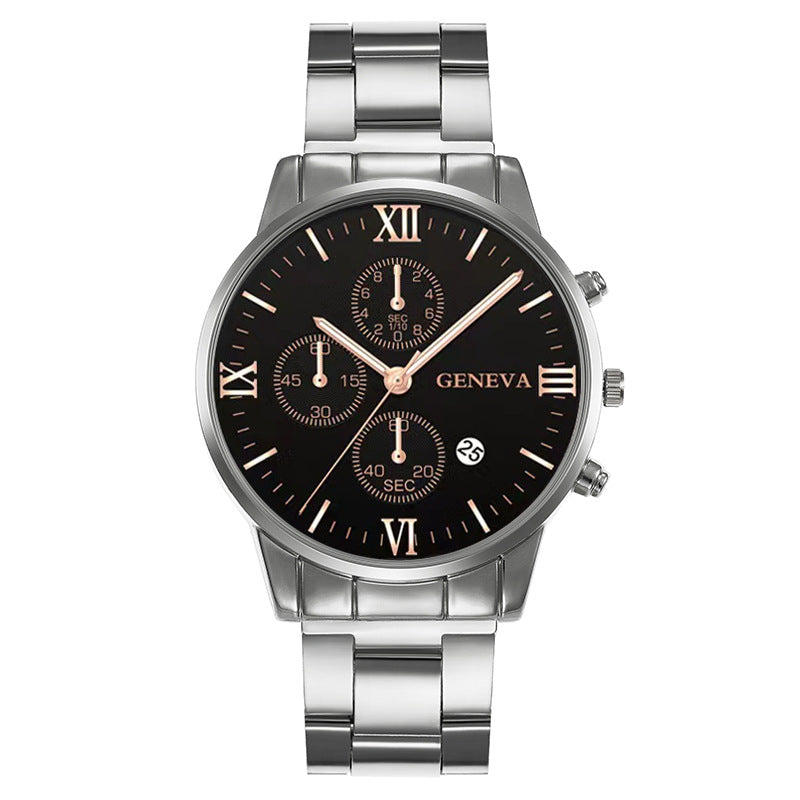 Popular Foreign Trade Men's Watch Fashion Three-Eye Calendar Roman Pattern Steel Strap Men's Watch Quartz Watch