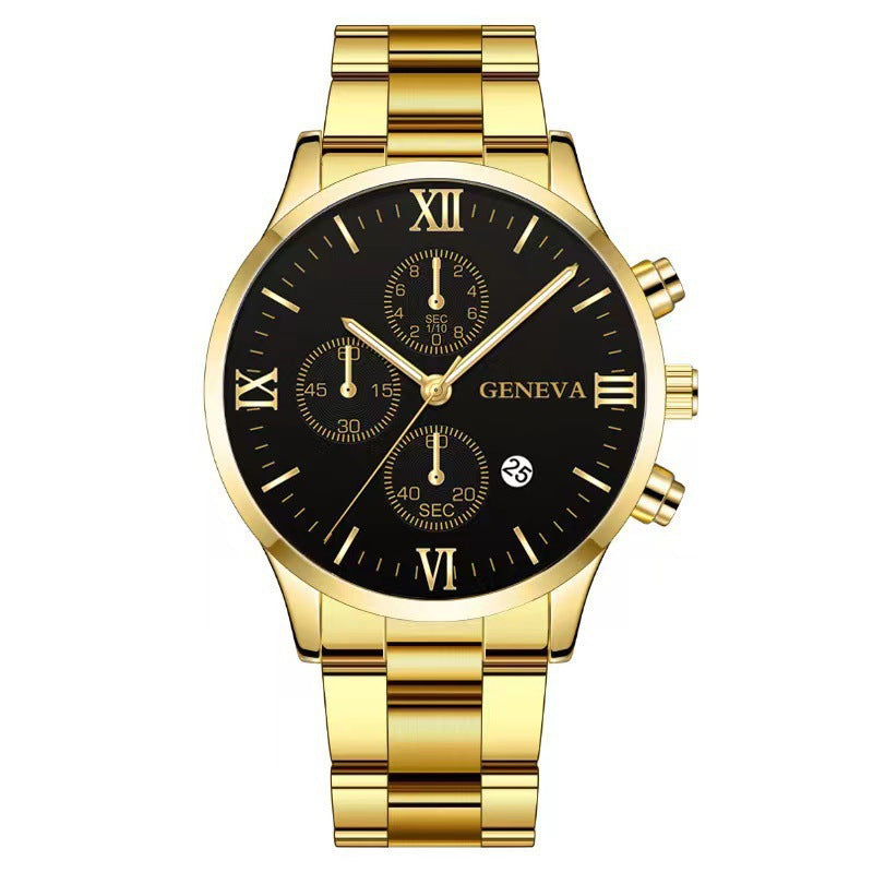 Popular Foreign Trade Men's Watch Fashion Three-Eye Calendar Roman Pattern Steel Strap Men's Watch Quartz Watch