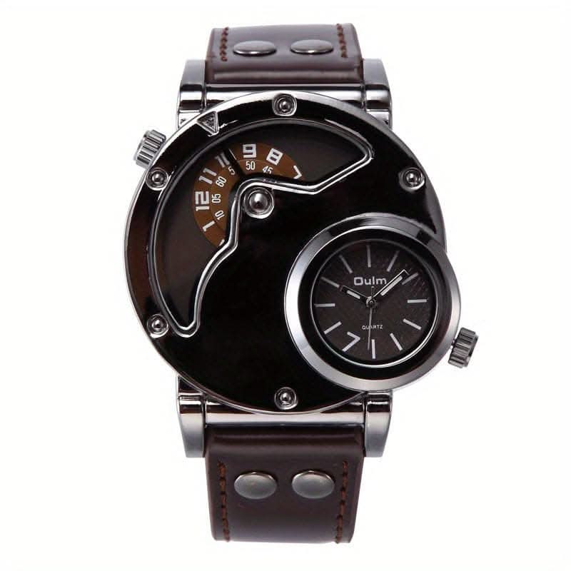 Double Time Zone Men’s Quartz Watch – Sports Style with Leather Strap